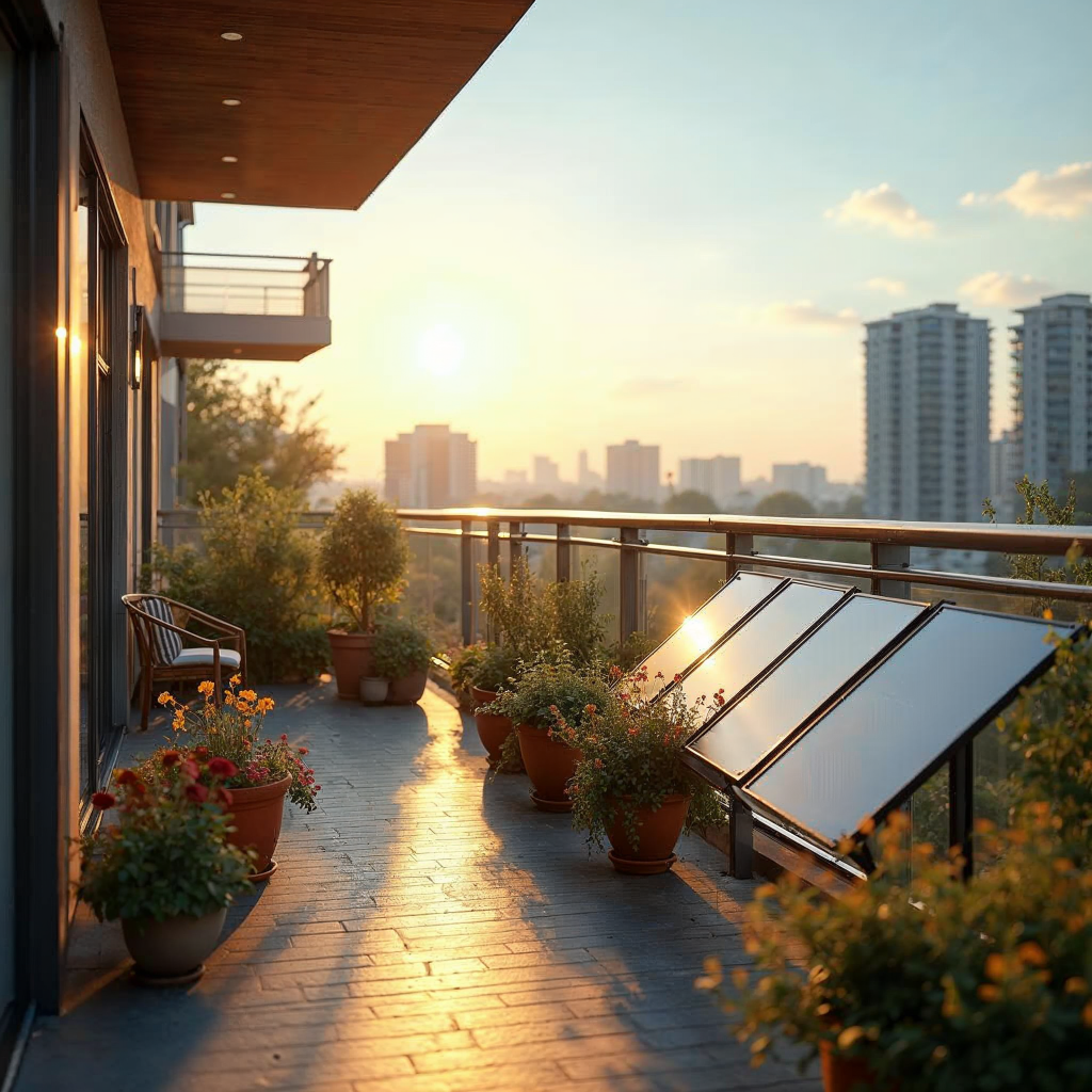 attachment; filename=Eine kinoreife Fotografie einer sonnigen Balkonen mit Solarpanels und einem Blick auf die städtische Landschaft im Hintergrund, die das Konzept der Erzeugung von sauberer Energie in einer Mietwohnung darstellt