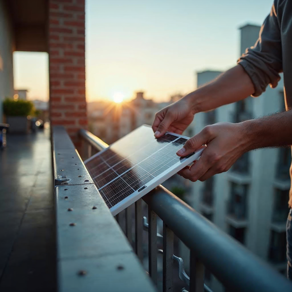 attachment; filename=Ein kinoreifer Schuss von Händen, die Solarpaneele an einem Balkongeländer installieren und den Vorgang der Einrichtung eines Balkonkraftwerks in einer Mietwohnung darstellen