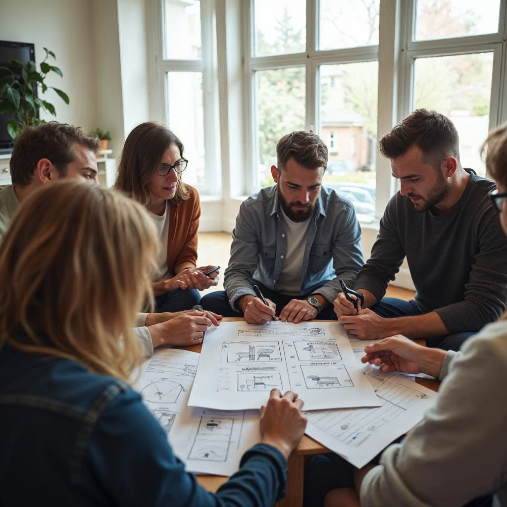 attachment; filename=Eine vielfältige Gruppe von Personen, die in einem hellen, offenen Wohnzimmer eine Checkliste mit Wohnungsanforderungen untersuchen.