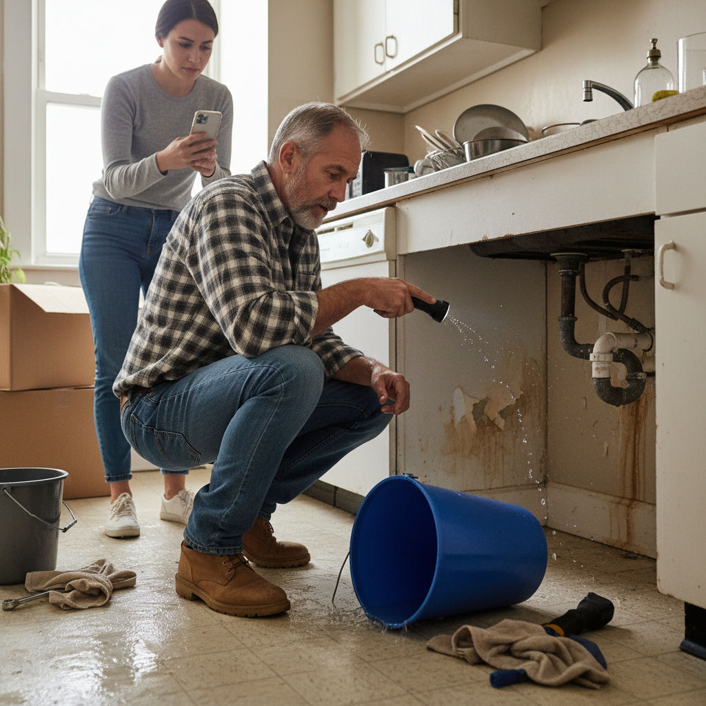 attachment; filename=Ein realistisches redaktionelles Bild eines Vermieters, der eine undichte Wasserleitung in der Wohnung eines Mieters inspiziert
