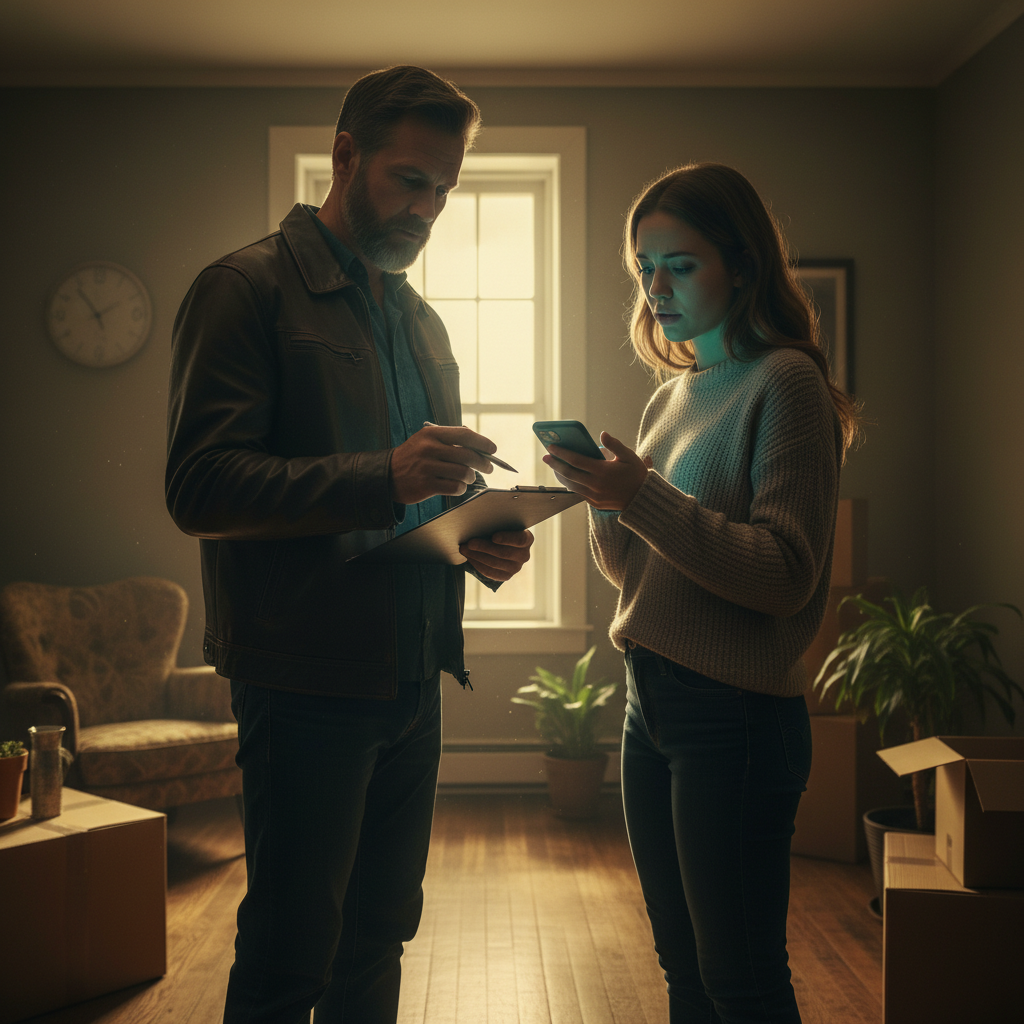 attachment; filename=Ein kinoreifes Foto eines Vermieters und Mieters, die eine geplante Wohnungsbesichtigung besprechen