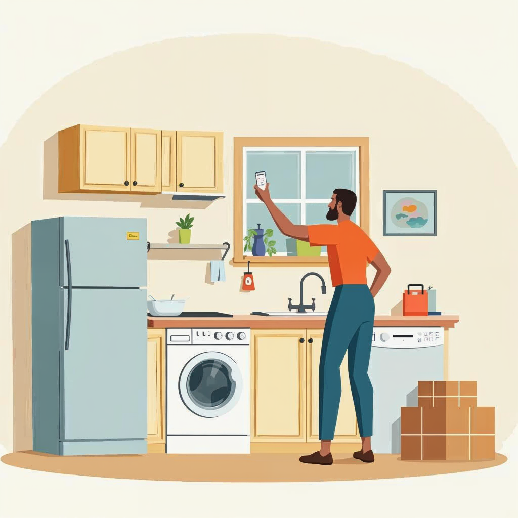 attachment; filename=Ein illustrierendes Bild, das zeigt, wie ein Mieter die Sauberkeit und Funktionalität von Küchengeräten und Badezimmerarmaturen beim Einzug überprüft.