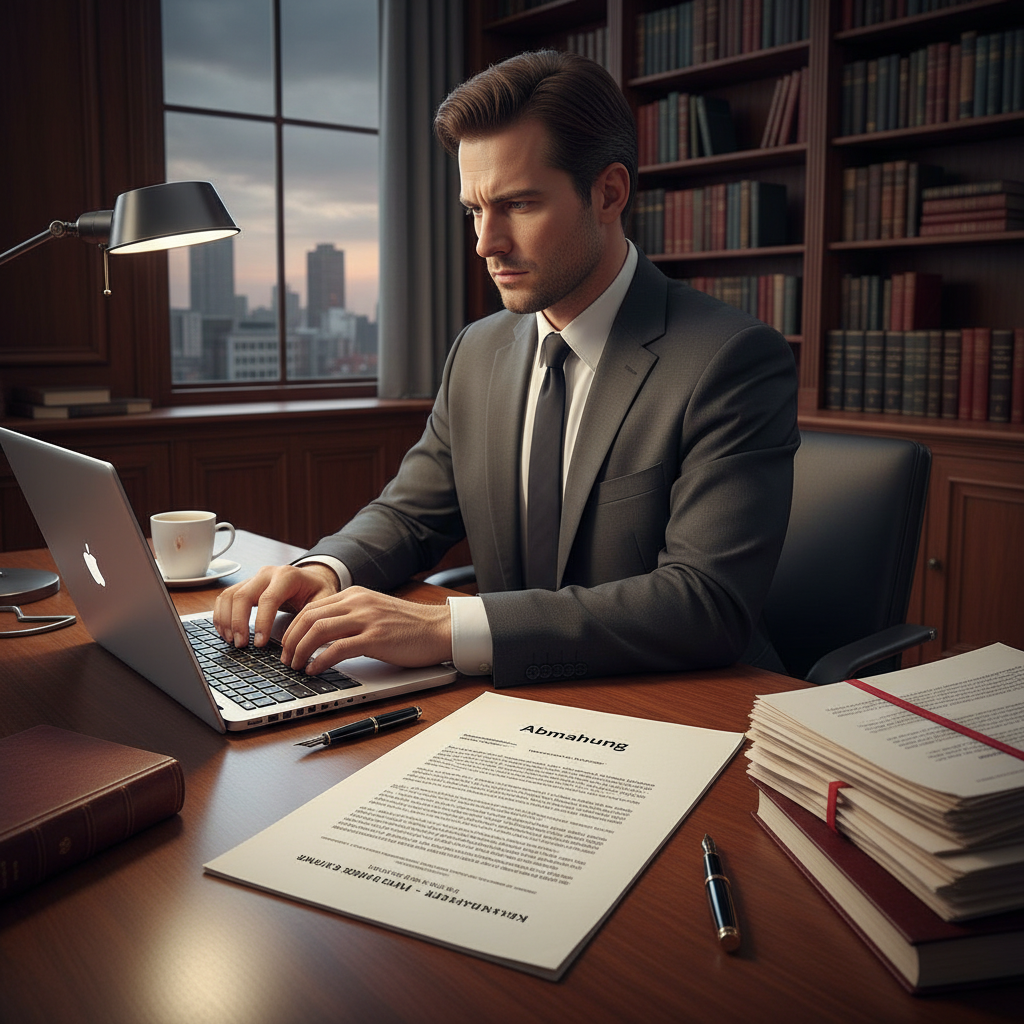 attachment; filename=Eine detaillierte und formale Abmahnung wird von einer ernst aussehenden Person an einem Schreibtisch mit rechtlichen Dokumenten vorbereitet.
