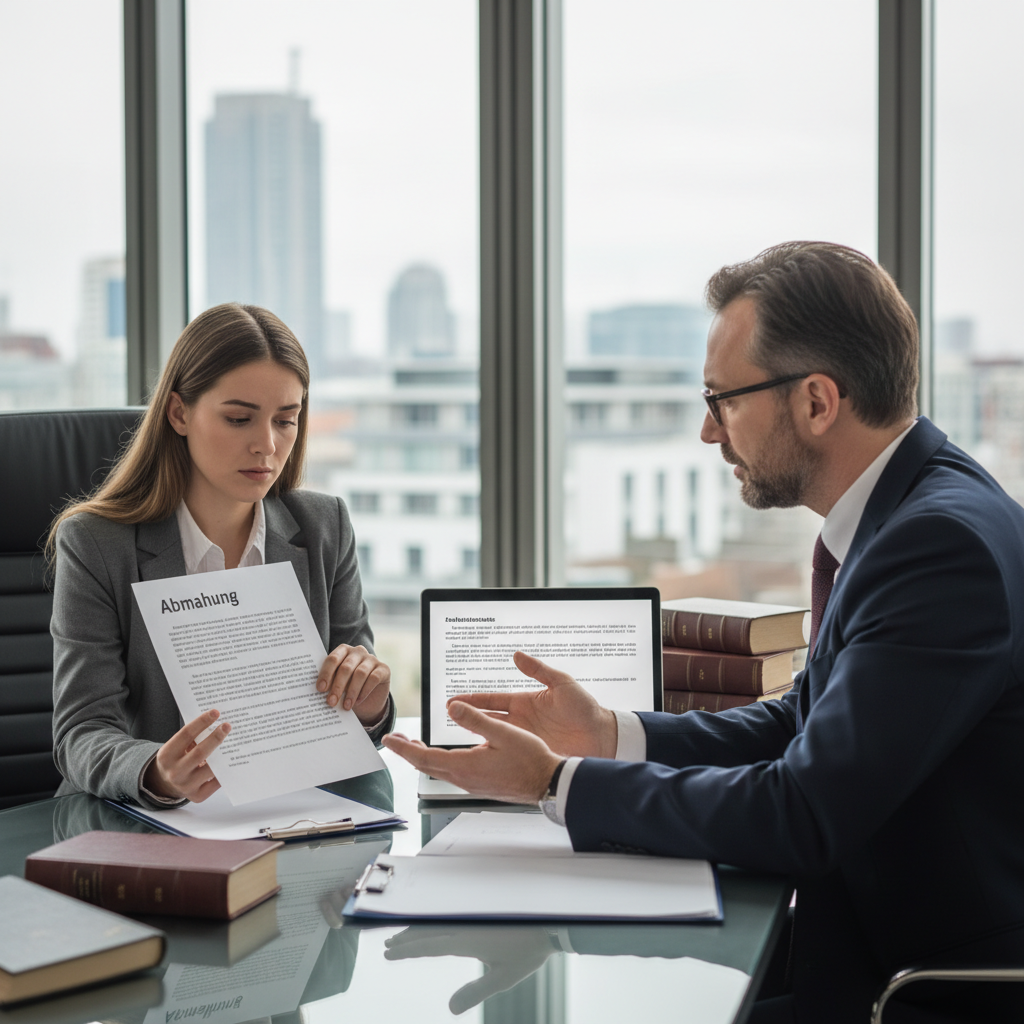 attachment; filename=Ein Mieter berät sich mit einem Rechtsberater oder Anwalt über die Antwort auf eine Abmahnung in einem professionellen Büroumfeld.