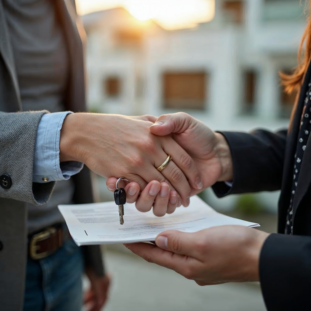 attachment; filename=Nahaufnahme von Händen, die Schlüssel und ein Dokument vor einem Wohnhaus austauschen. SEO Bildbeschreibung