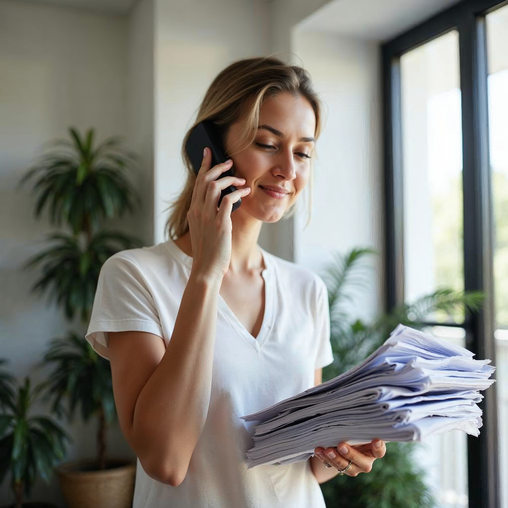attachment; filename=Eine Person hält einen Stapel Papiere, während sie in einer hellen, luftigen Wohnung am Telefon spricht. SEO Bildbeschreibung