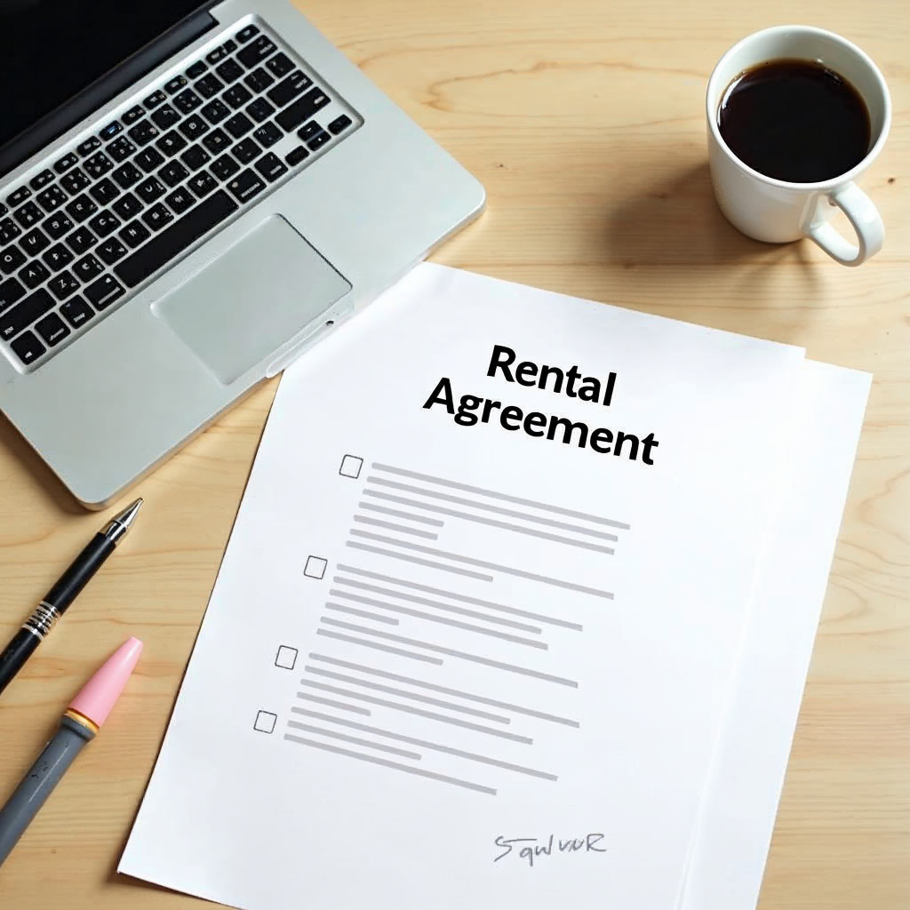 attachment; filename=Eine Aufnahme von oben zeigt einen Schreibtisch mit einem Laptop, einer Kaffeetasse und ausgedruckten Mietvertragsunterlagen. SEO Bildbeschreibung