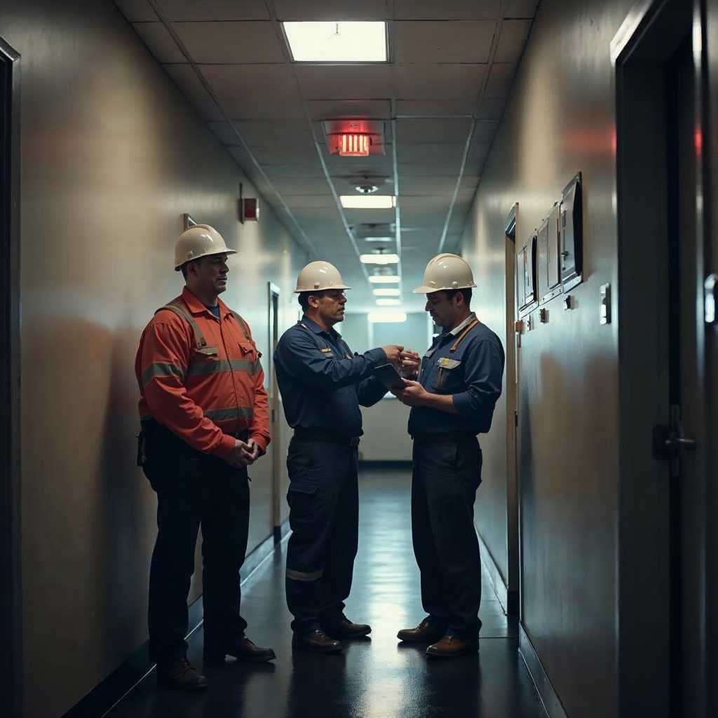 attachment; filename=Ein Filmfoto zeigt eine professionelle Wartungsmannschaft, die Rauchmelder in einem Flur überprüft und testet und die Bedeutung regelmäßiger Wartung für funktionale Brandmelder darstellt.