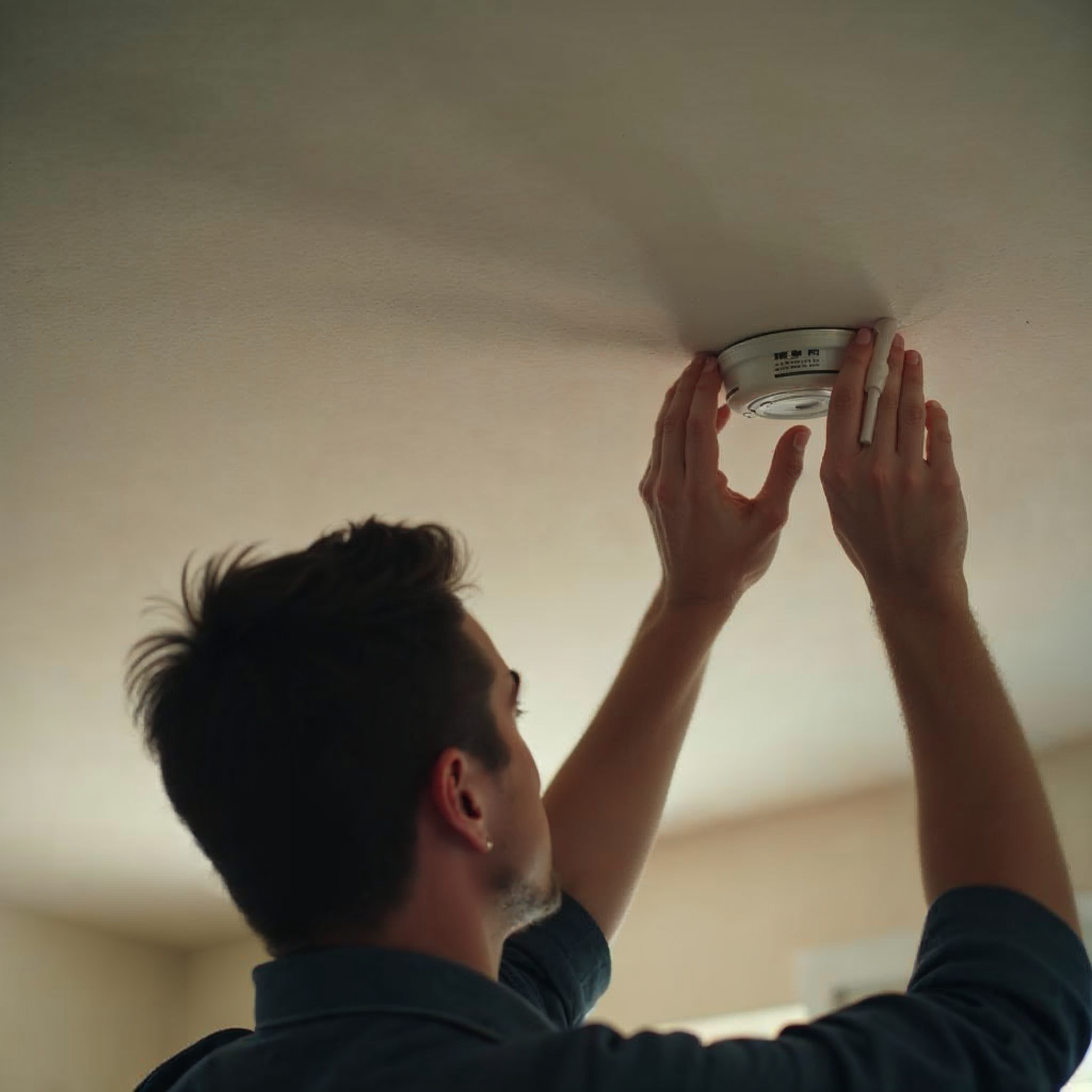 attachment; filename=Ein Filmfoto einer Person, die einen Rauchmelder an der Decke installiert, symbolisiert die Verantwortung von Immobilieneigentümern für die ordnungsgemäße Installation zur Brandsicherheit.