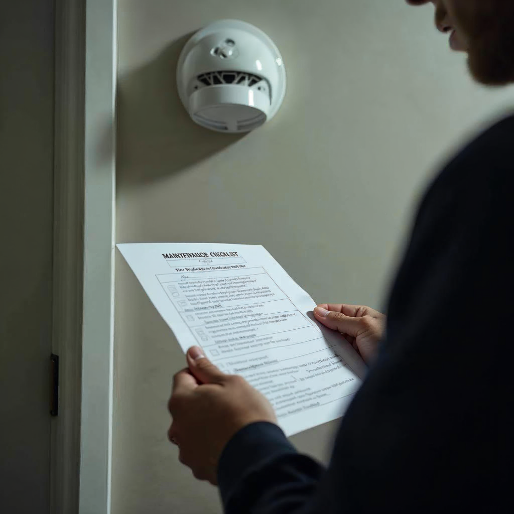 attachment; filename=Ein Filmfoto zeigt eine Person, die einen Rauchmelder inspiziert und dabei eine Wartungscheckliste in der Hand hält und die Bedeutung einer ordnungsgemäßen Dokumentation und gründlichen Inspektion für die Brandsicherheitskonformität hervorhebt.