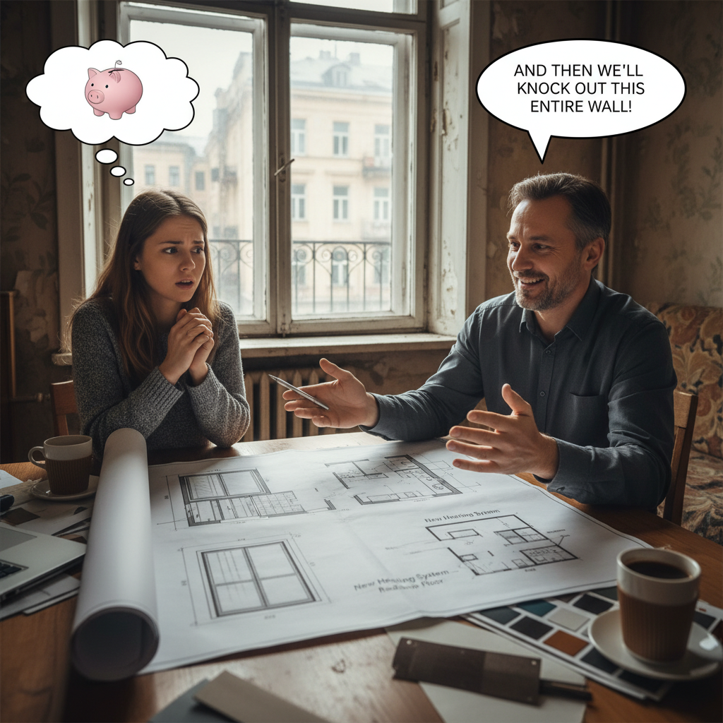 attachment; filename=Ein Mieter sieht verwirrt aus, während ein Vermieter Pläne für umfangreiche Renovierungen vorstellt, darunter neue Fenster, Balkonerweiterung und Heizungssystemupgrade.