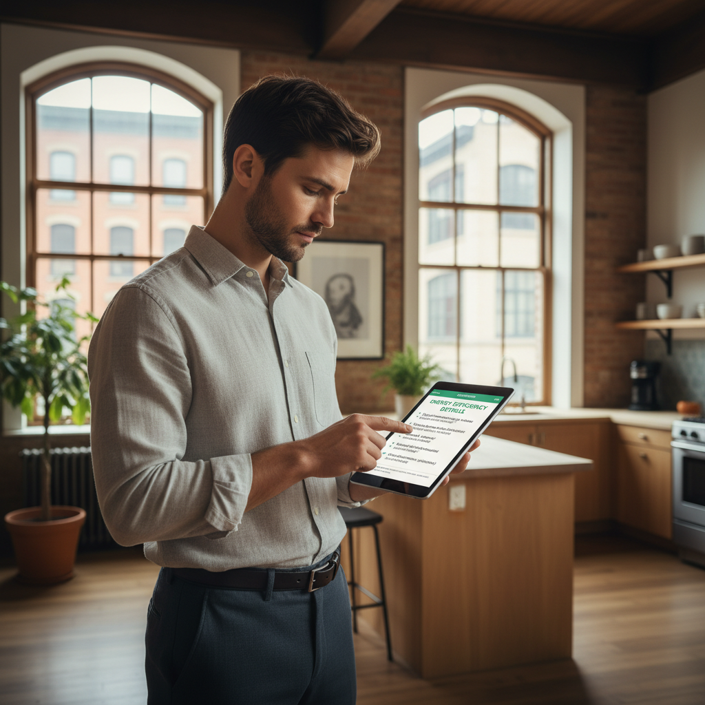 attachment; filename=Ein kinoreifes redaktionelles Bild, das einen potenziellen Mieter zeigt, der in einer Mietanzeige eine Liste von Energieeffizienzdetails betrachtet