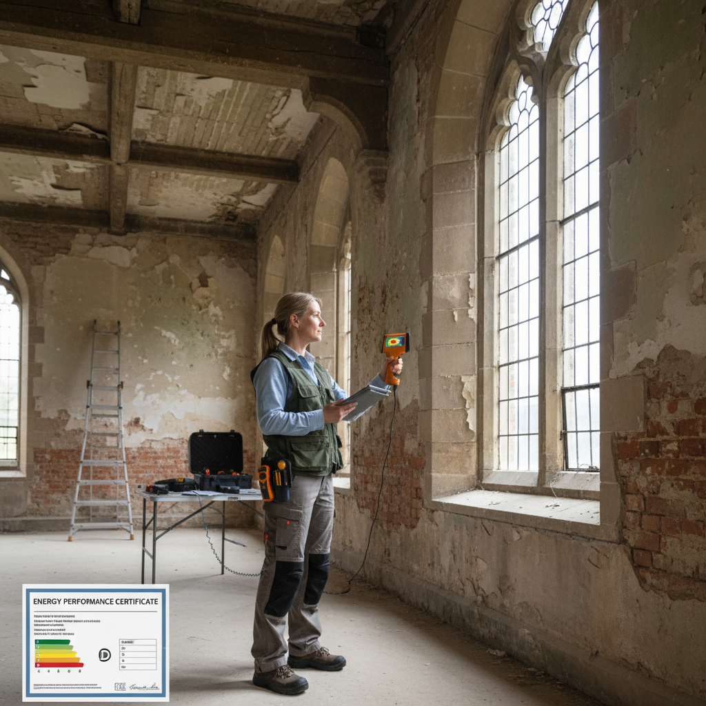 attachment; filename=Ein Foto mit Tageslicht, das einen Fachmann zeigt, der ein altes Gebäude auf Energiebewertung prüft, um einen Energieausweis auszustellen