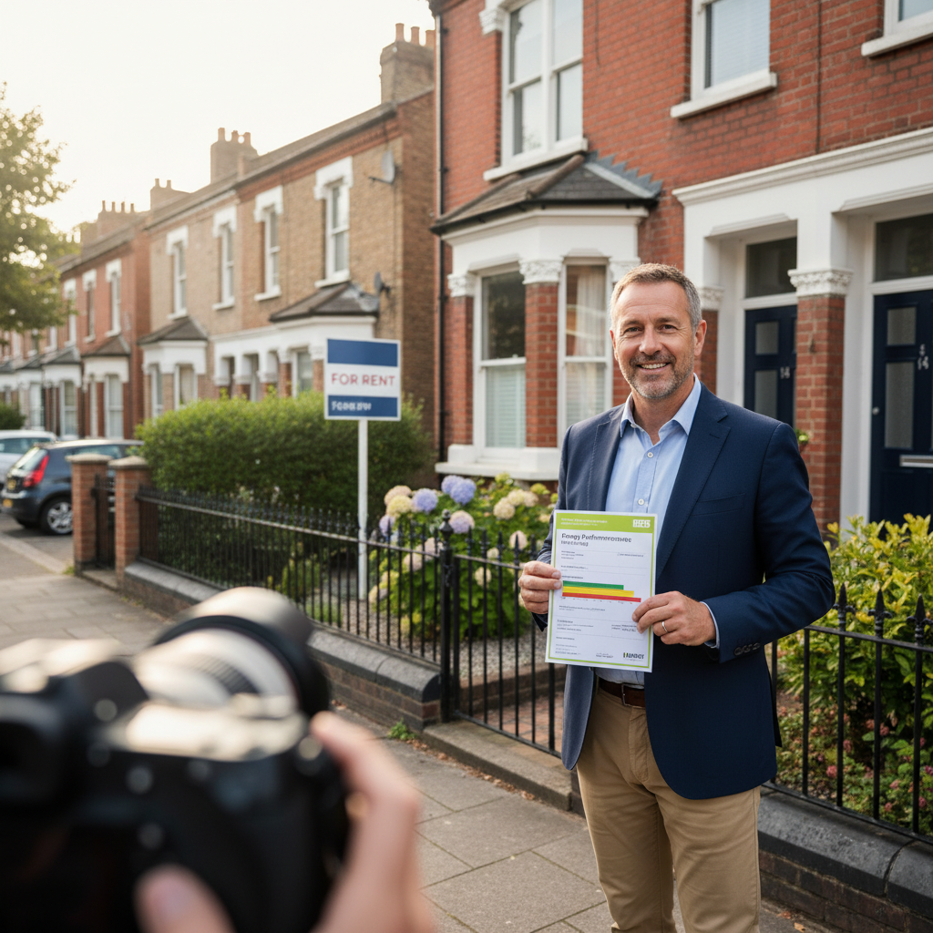 attachment; filename=Realistisches redaktionelles Foto eines Vermieters, der vor einer Mietimmobilie einen Energieausweis hält
