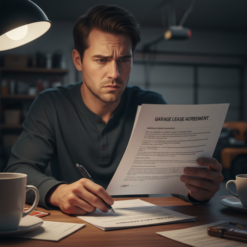 attachment; filename=Eine Person untersucht einen Garagenmietvertrag mit Verwirrung und Besorgnis