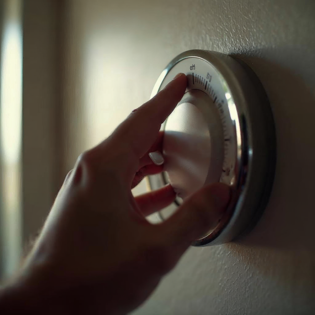 attachment; filename=Ein filmisches Bild, das einen Nahaufnahme einer Hand zeigt, die einen Thermostat einstellt, um Energie zu sparen