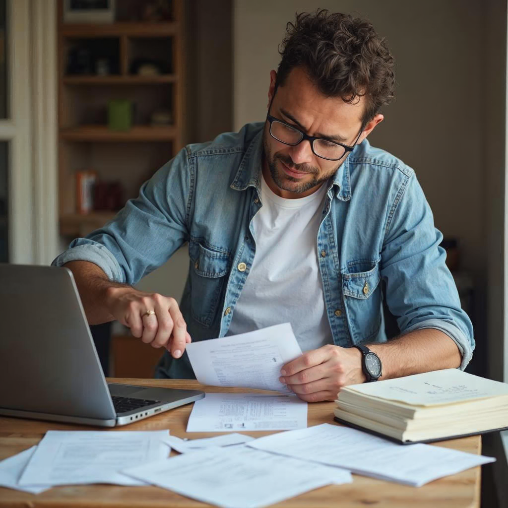 attachment; filename=Ein professionelles Foto, das einen Vermieter zeigt, der Heizkostenbelege und Wartungsrechnungen mit einem konzentrierten Gesichtsausdruck organisiert