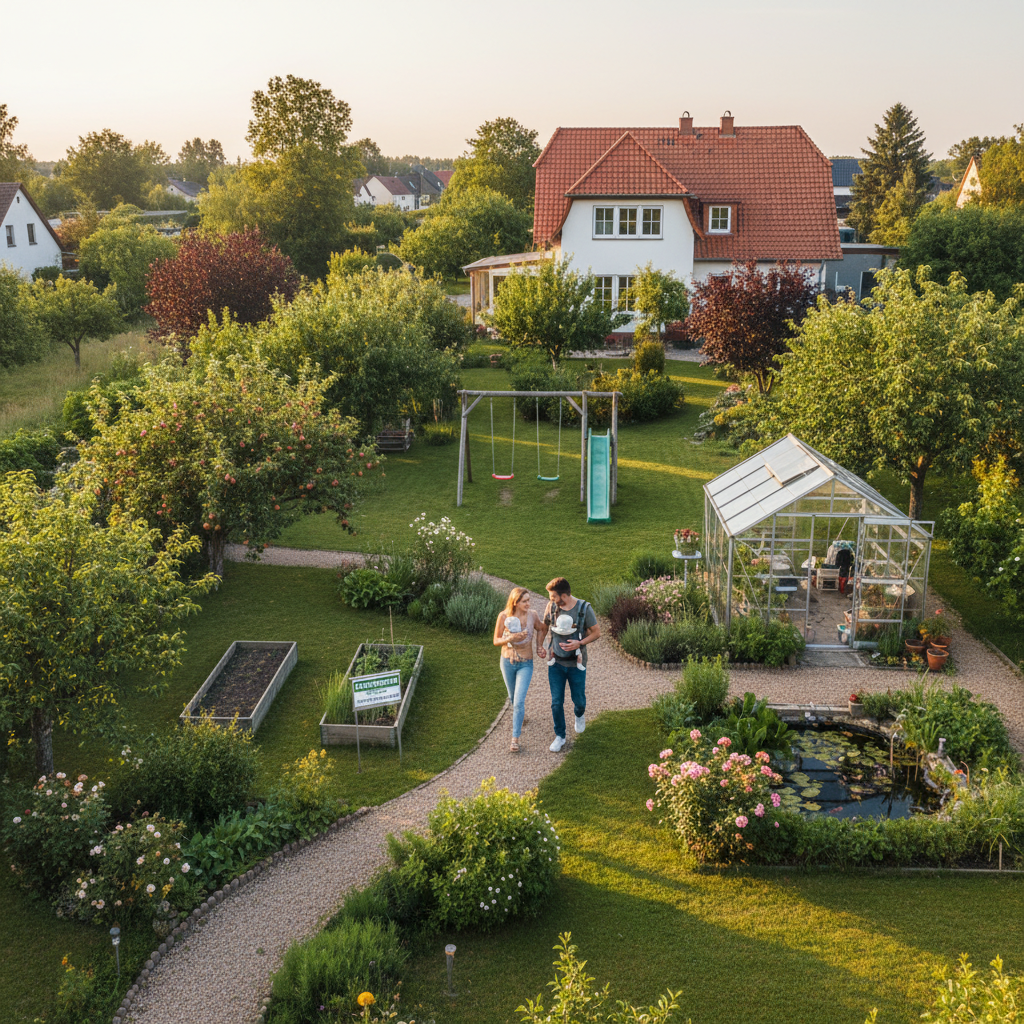 attachment; filename=Ein junges Elternpaar mit einem Baby erkundet einen großzügigen Hinterhofgarten eines potenziellen neuen Zuhauses in Durmersheim.