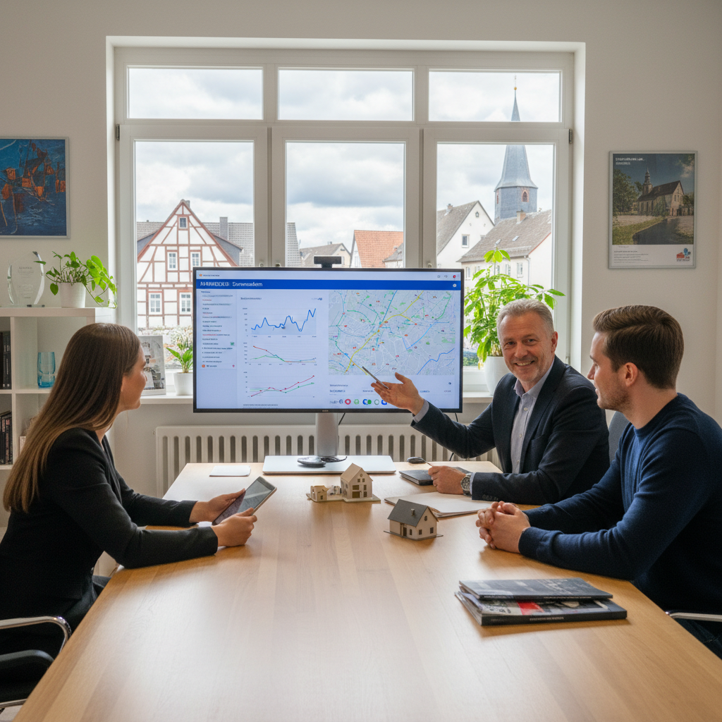 attachment; filename=Ein erfahrener Immobilienmakler bespricht mit Kunden Immobilienwerte und Markttrends in einem Büro in Durmersheim.