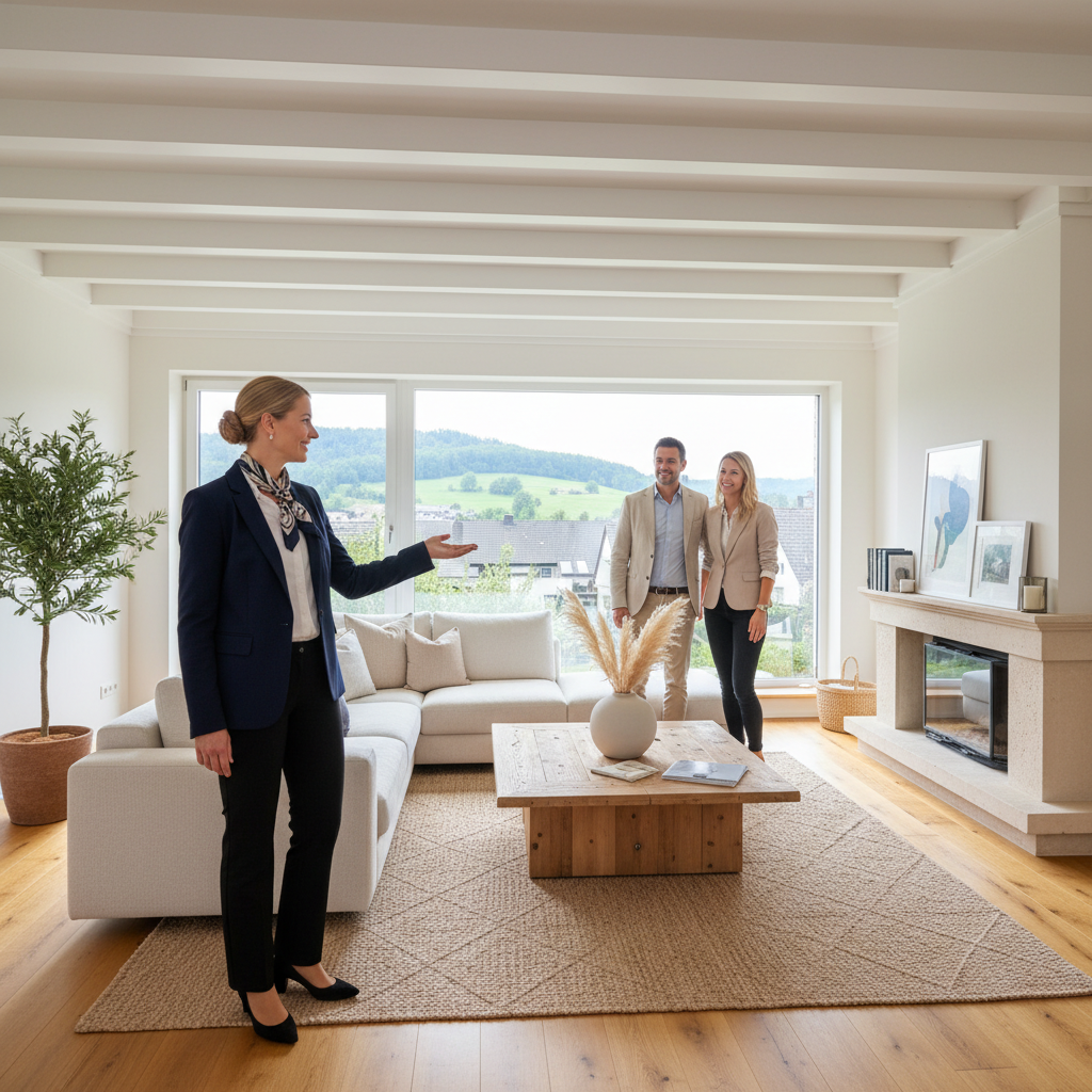 attachment; filename=Ein professioneller Immobilienmakler zeigt Kunden ein wunderschön inszeniertes Hausinterieur in Durmersheim.