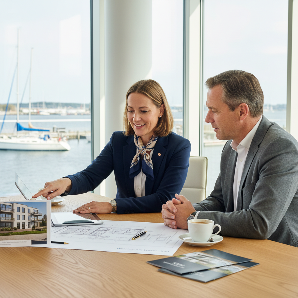 attachment; filename=Ein realistisches redaktionelles Bild, das einen professionellen Immobilienmakler in Kiel zeigt, der mit einem Kunden über Immobiliendetails spricht
