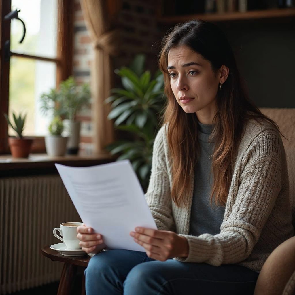 attachment; filename=Mieterin liest besorgt einen Brief in einem gemütlichen Wohnzimmer bei einer Tasse Tee