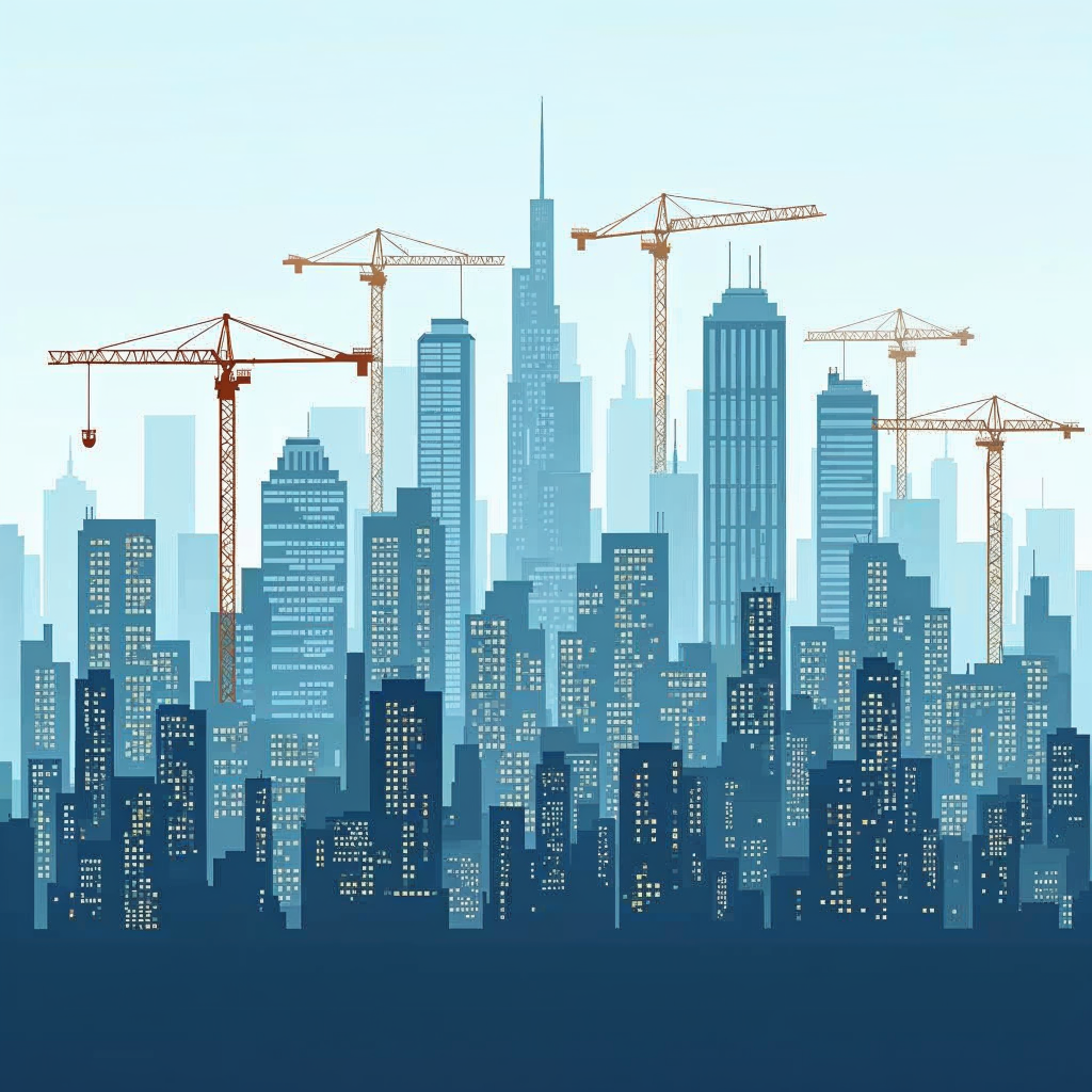 attachment; filename=Eine Skyline einer modernen Stadt mit Baukränen und Wolkenkratzern, die ein Gebiet mit hoher Nachfrage und strengen Vorschriften für Mieter symbolisieren