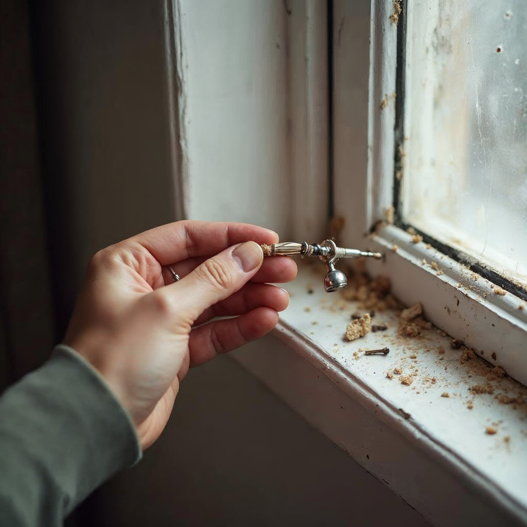 attachment; filename=Nahaufnahme eines defekten Fenstergriffs, der von einer weiblichen Hand repariert wird