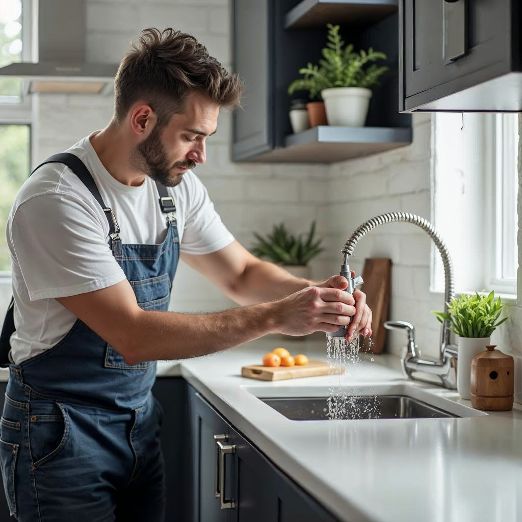 attachment; filename=Ein Mann repariert einen undichten Wasserhahn in einer modernen Kücheneinstellung