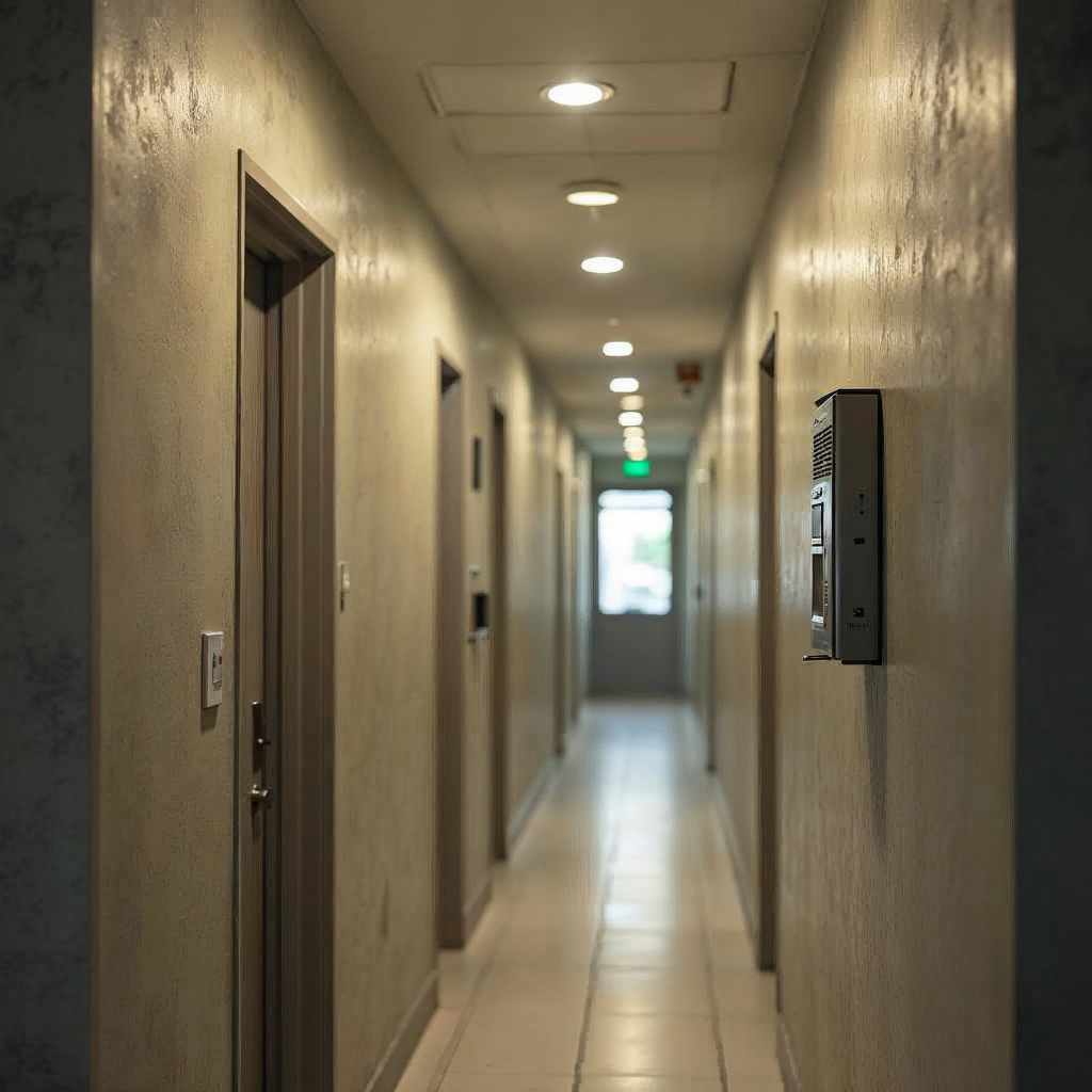 attachment; filename=Ein Apartmentflur zeigt ein fehlerhaftes Gegensprechanlagensystem