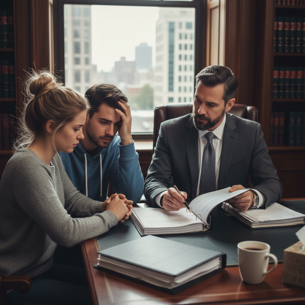 attachment; filename=Ein professioneller Anwalt bespricht rechtliche Dokumente mit einem besorgten Paar, das von einer Räumung bedroht ist