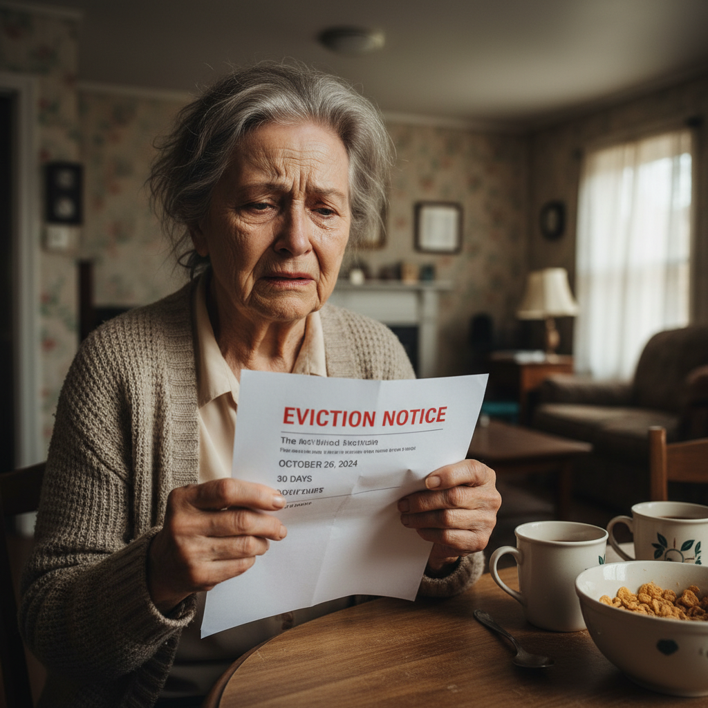 attachment; filename=Ältere Frau, die bedrückt wirkt, während sie eine Räumungsklage in den Händen hält