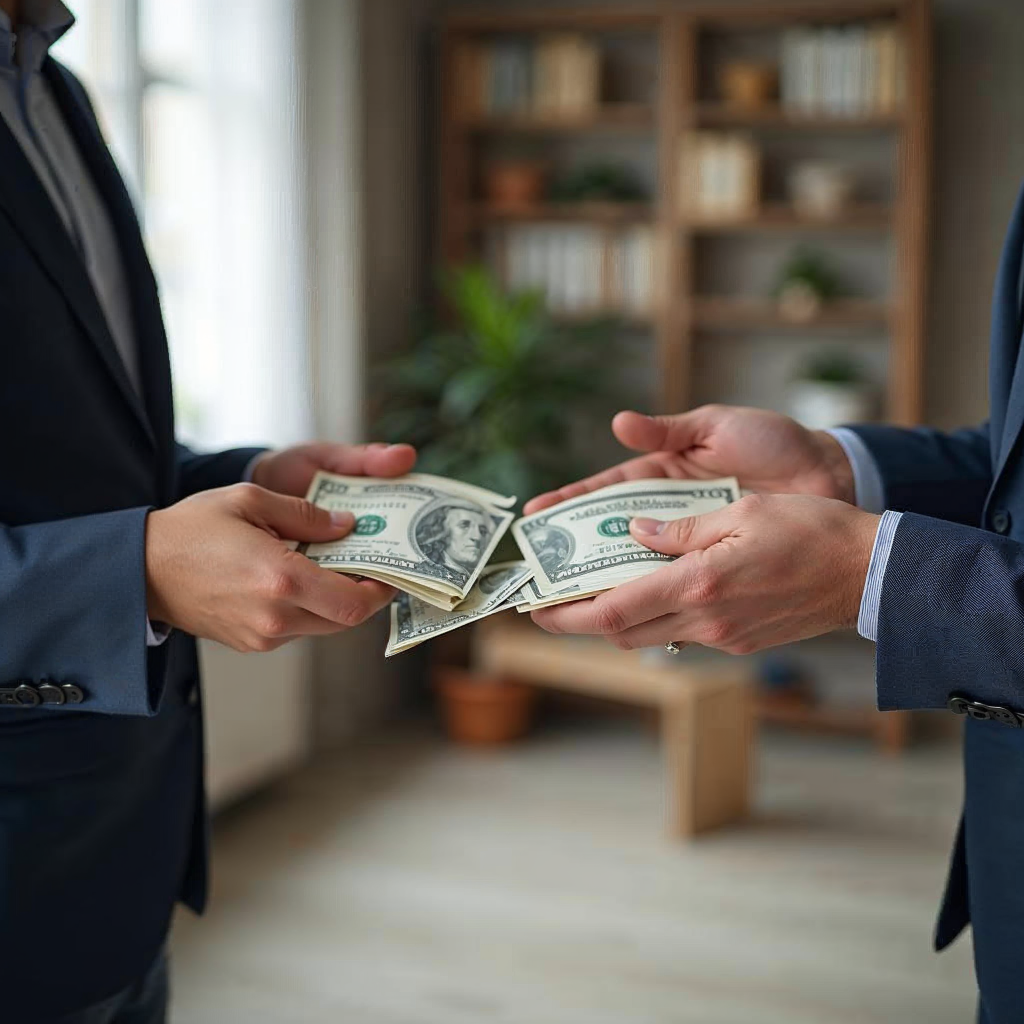 attachment; filename=Ein professioneller Fotograf dokumentiert, wie zwei Personen in einem Immobilienbüro eine Geldsumme teilen