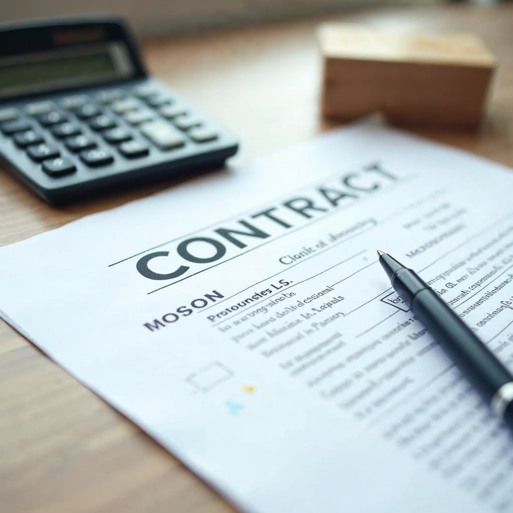 attachment; filename=Ein detailliertes Bild eines offenen Vertrags mit einem Stift und einem Taschenrechner, das Transparenz bei Immobilientransaktionen symbolisiert