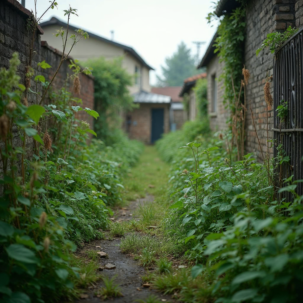 attachment; filename=Ein nachdenkliches Bild von einem vernachlässigten Garten, der von Unkraut überwuchert ist, verdeutlicht die Folgen der Vernachlässigung von Gartenarbeiten und betont die Bedeutung regelmäßiger Pflege, um Streitigkeiten mit Vermietern zu vermeiden.