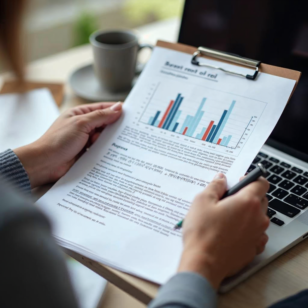 attachment; filename=Eine Person vergleicht einen Mietvertrag mit einem örtlichen Mietspiegel auf einem Laptop und sucht nach Diskrepanzen