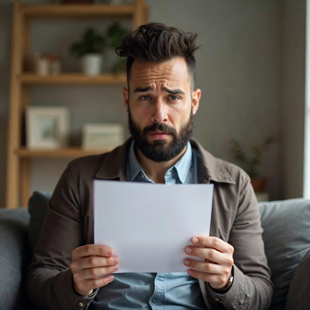 attachment; filename=Mieter liest sorgfältig einen Brief vom Vermieter, der eine Mieterhöhung ankündigt, mit besorgtem Gesichtsausdruck