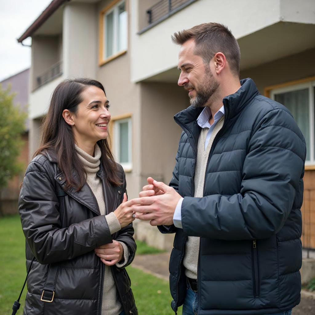 attachment; filename=Zwei Personen, ein Mieter und ein Vermieter, diskutieren und verhandeln eine Mieterhöhung vor einem Wohngebäude