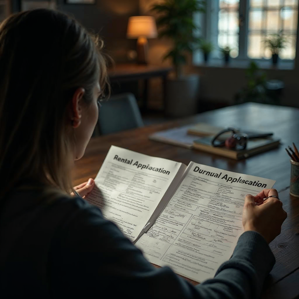 attachment; filename=Ein filmisches Bild einer Person, die in einem gut beleuchteten Raum eine detaillierte Mietantragsform ausfüllt