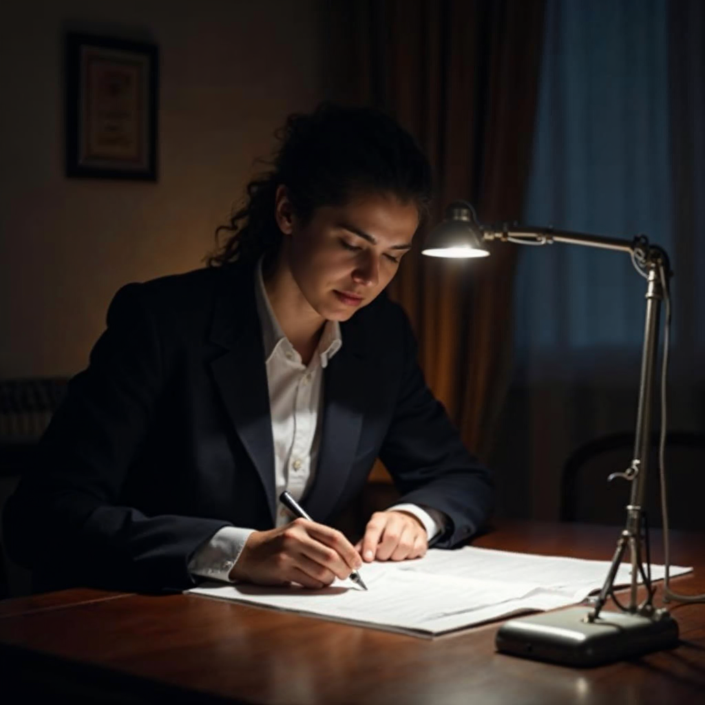 attachment; filename=Eine Person überprüft Rechtsdokumente an einem Schreibtisch in einem schwach beleuchteten Raum