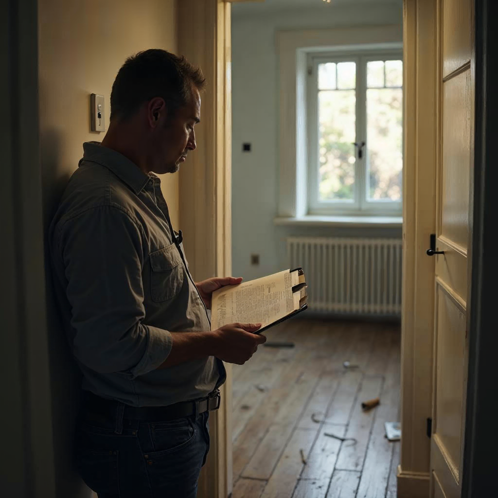 attachment; filename=Vermieter inspiziert eine Mietwohnung auf Schäden, mit Fokus auf detaillierte Dokumentation und Fotografie, Darstellung des Prozesses zur Bestimmung von Abzügen von der Mietkaution.