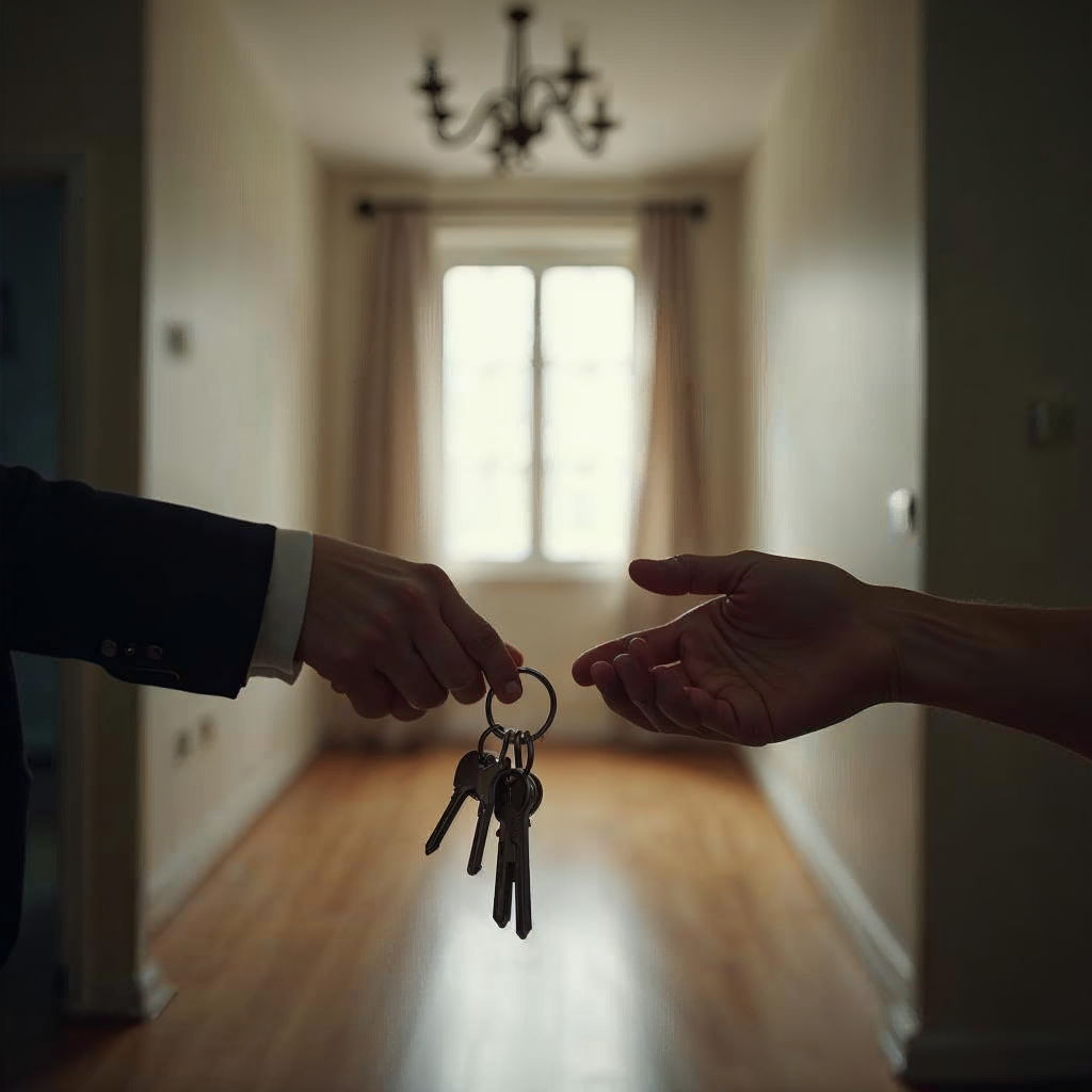 attachment; filename=Übergabe von Schlüsseln in einer leeren Wohnung, Symbol für die Rückgabe einer Mietwohnung und die Erwartung der Rückzahlung der Mietkaution.