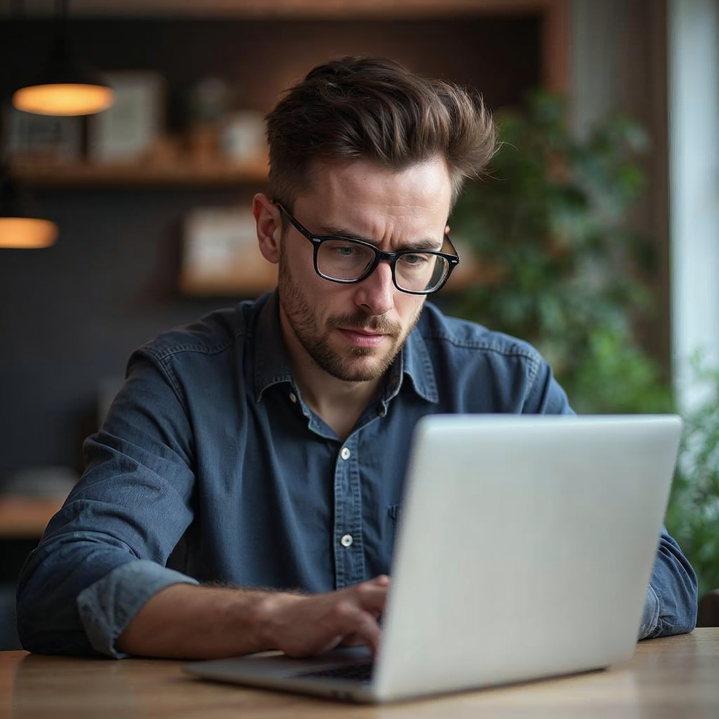 attachment; filename=Eine Person tätigt mit ernstem Gesichtsausdruck eine Banküberweisung auf einem Laptop