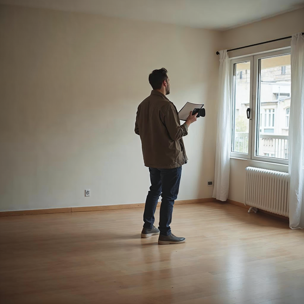 attachment; filename=Eine Person inspiziert sorgfältig eine leere Wohnung mit Notizblock und Kamera in der Hand