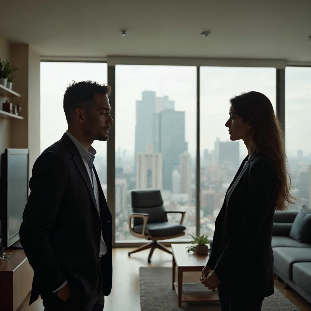 attachment; filename=Cinematisches Foto, das einen Vermieter und Mieter zeigt, die in einer modernen Wohnung über Mietpreise diskutieren