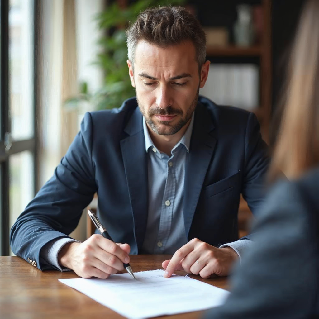 attachment; filename=Ein Mieter prüft sorgfältig einen Mietvertrag, mit einem Stift in der Hand und einem ernsten Gesichtsausdruck