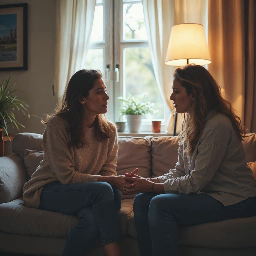 attachment; filename=Ein Paar führt ein ruhiges, aber ernstes Gespräch in einem Wohnzimmer-Setting, das die Kommunikation bei der Lösung von Mietkonflikten symbolisiert