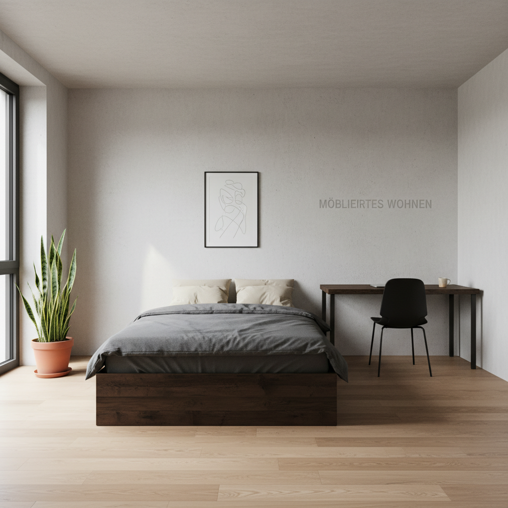 attachment; filename=Kinoähnliches redaktionelles Foto von einem spärlich eingerichteten Zimmer mit nur einem Bett und einem Schreibtisch, das das Konzept von 'Möbliertes Wohnen' mit minimalen Möbeln in einer Wohnung darstellt.