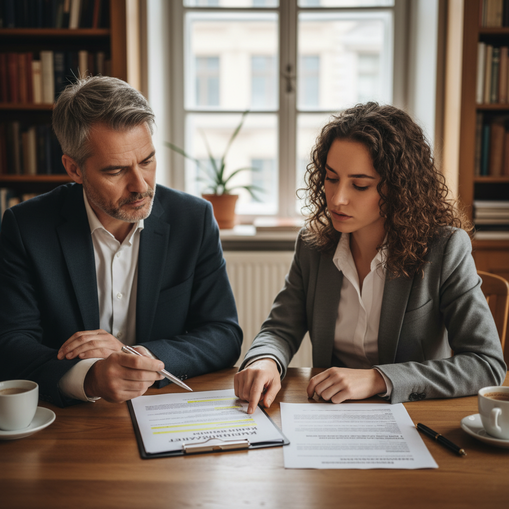 attachment; filename=Ein realistisches redaktionelles Foto, das einen Vermieter und Mieter zeigt, die über Mietbedingungen diskutieren und die Bedeutung des Verständnisses von 'Kündigungsfristen' und rechtlichen Schutzbestimmungen im Mietvertrag betonen.