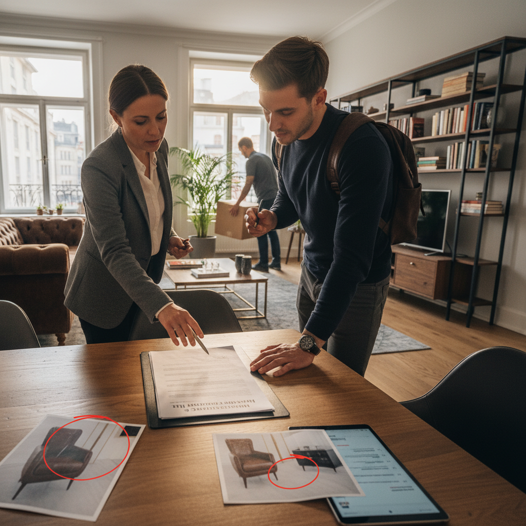 attachment; filename=Ein kinohaftes redaktionelles Bild, das ein detailliertes Übergabeprotokoll zeigt, das von beiden Parteien beim Einzug unterzeichnet wird und die Bedeutung der Dokumentation des Zustands des gemieteten Mobiliars und der Räumlichkeiten hervorhebt.